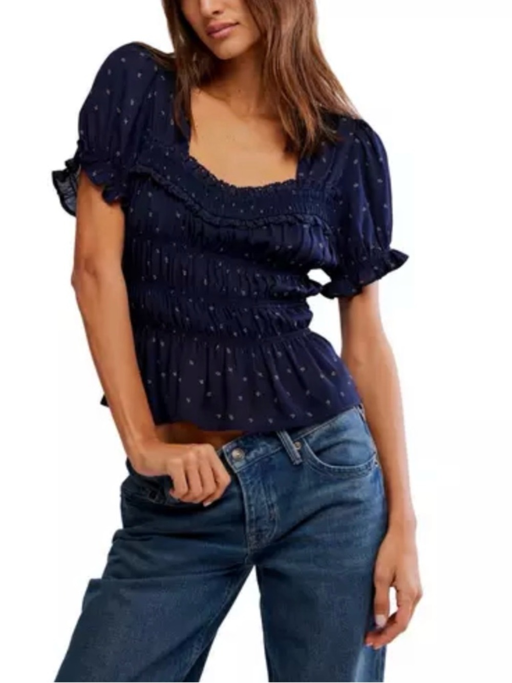 NWT Women's Free People Adore You Square Neck Top Size M Navy Boho Spring Summer